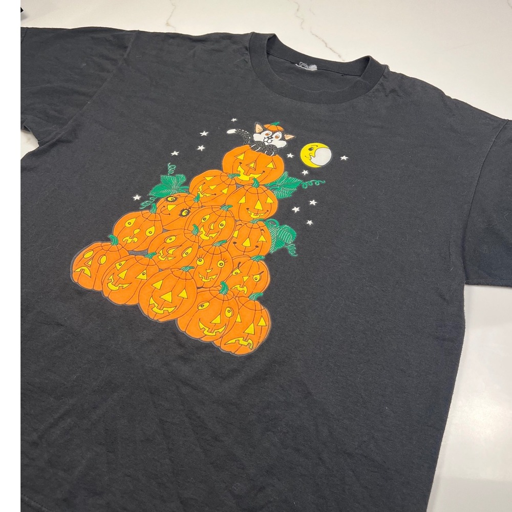 Vintage 90s Halloween T Shirt Unisex Black Pumpkin Pyramid Cat Graphic 90s XL